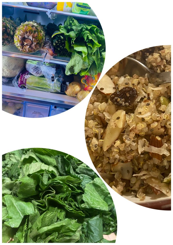 Packed refrigerator, breakfast quinoa, and greens